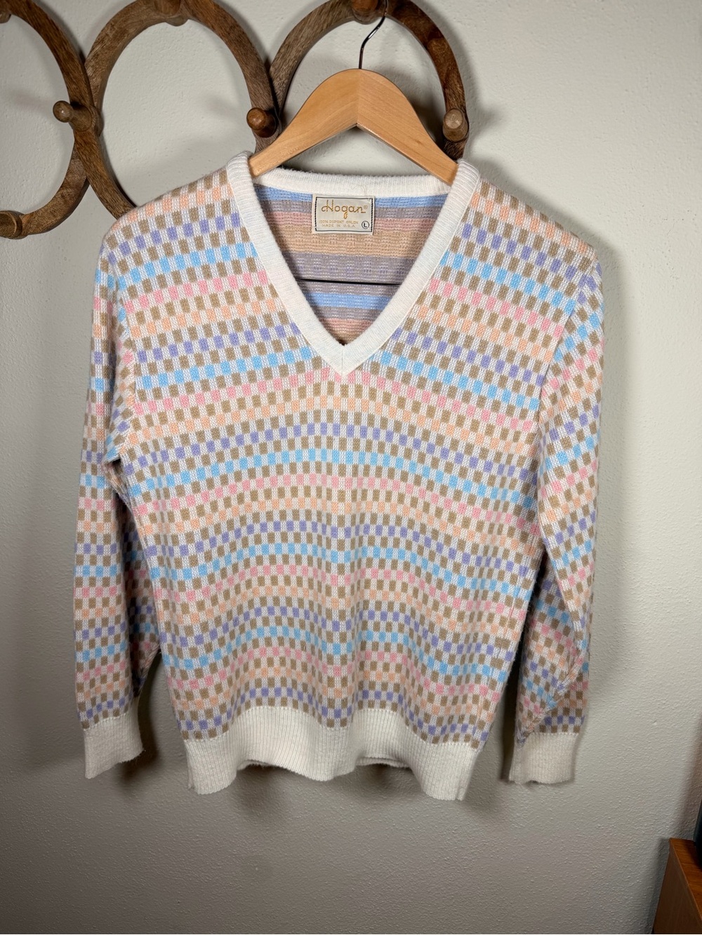 Vintage 1970’s-1980’s Hogan Pastel Checkerboard V-Neck Sweater L Made in USA